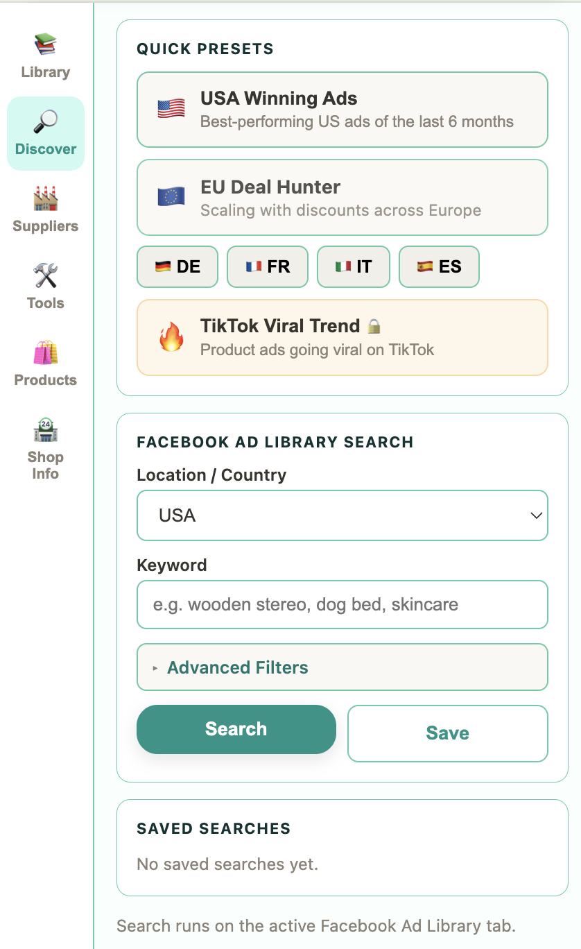 AdSnap Discover tab — Quick Presets and Facebook Ad Library search