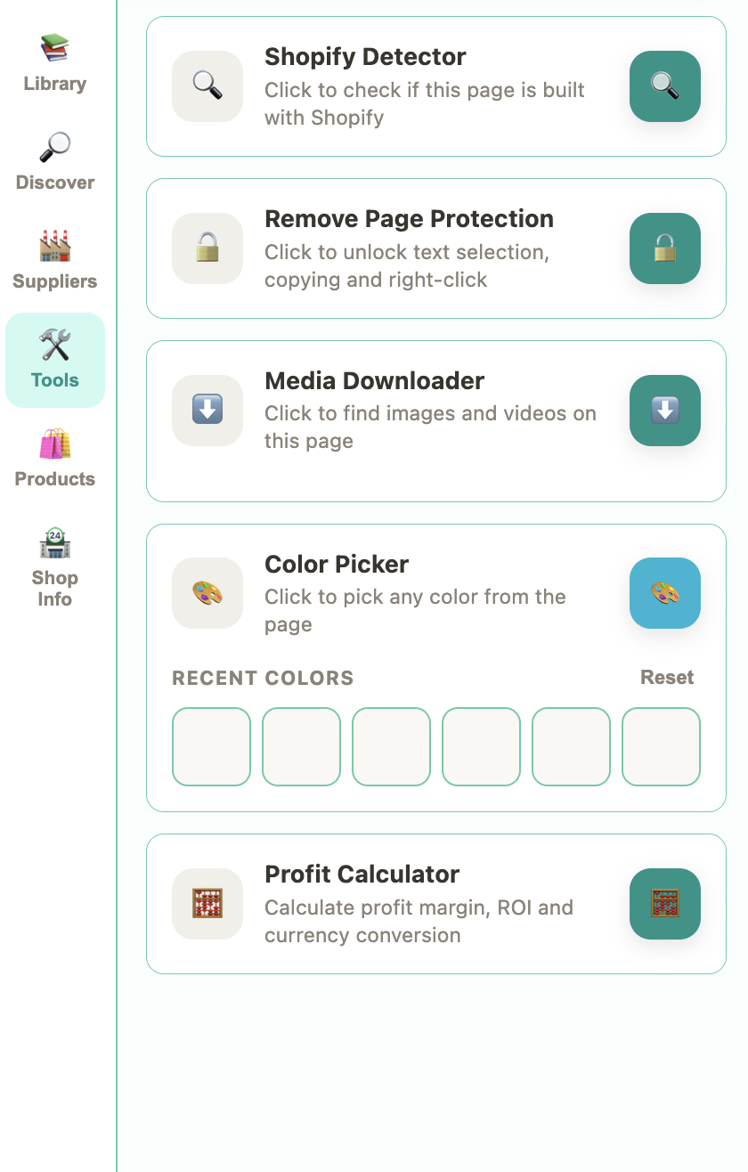 AdSnap Tools tab — Shopify Detector, Media Downloader, Color Picker, Profit Calculator